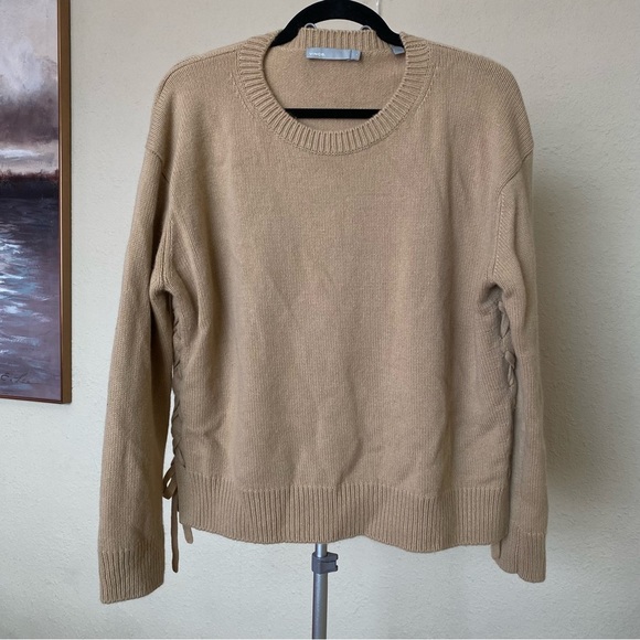 Vince 100% Cashmere Lace Up Crewneck Sweater Camel Oversized size S - Picture 4 of 11